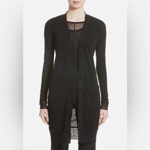 FUZZI Black Tulle Long-Line Patch Pocket Button Front Cardigan Dress Top L 10/12